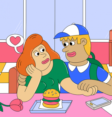 Deux jeunes regardant un couple dans une cantine