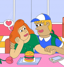 Deux jeunes regardant un couple dans une cantine