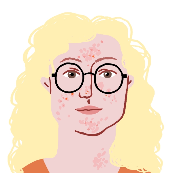 Illustration d'une adolescente avec des boutons et des lunettes et portant un haut orange