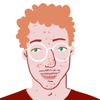 Illustration de visage d'ado avec des boutons et portant des lunettes et vêtu d'un T-shirt rouge